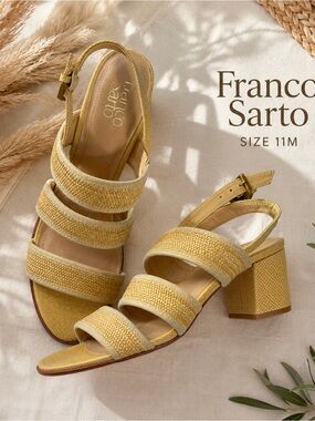 Franco Sarto Raffia Block Heel Sandals Tan Beige Ankle Strap Size 11